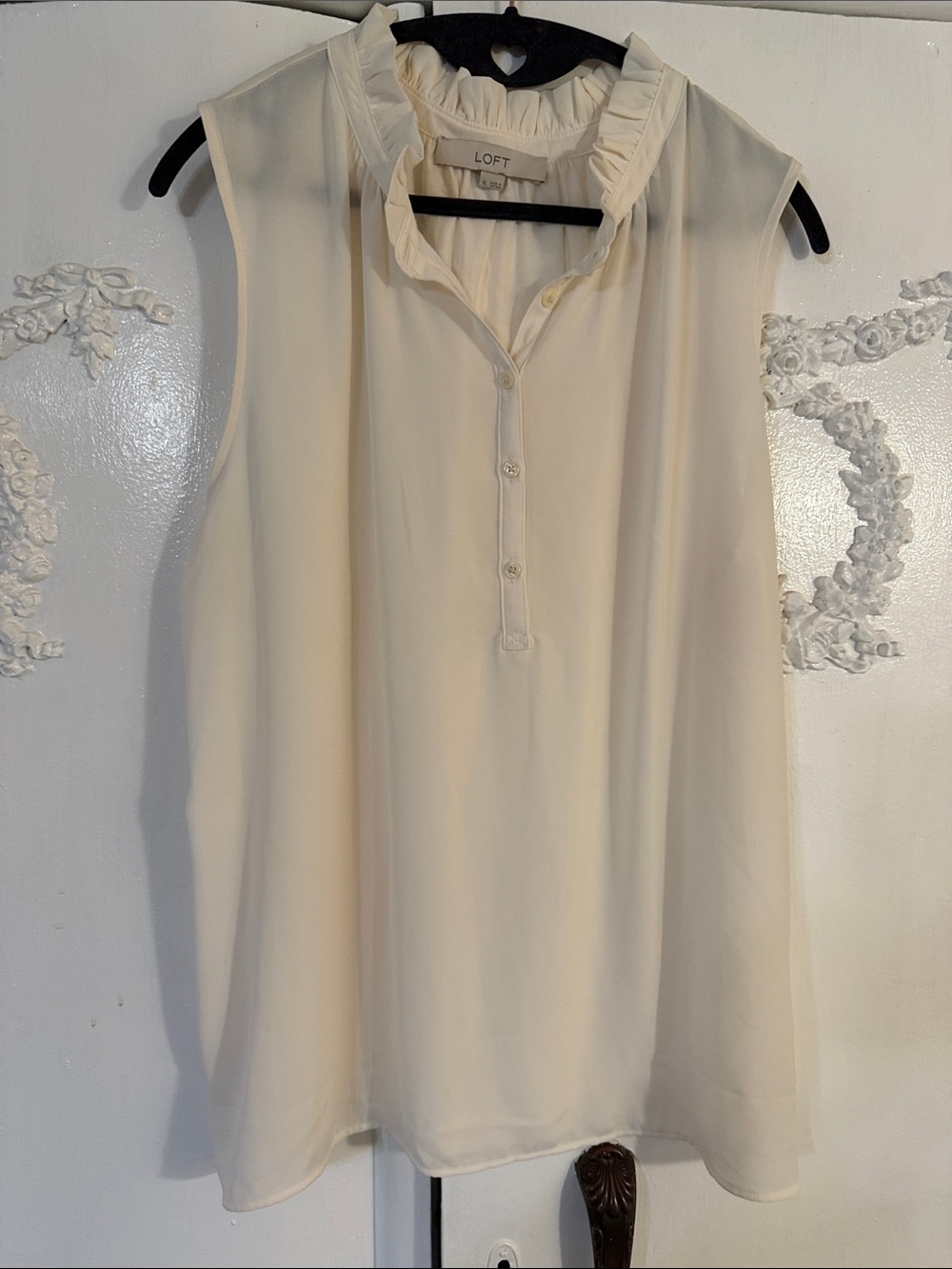 LOFT Cream Ruffle-Neck Sleeveless Blouse